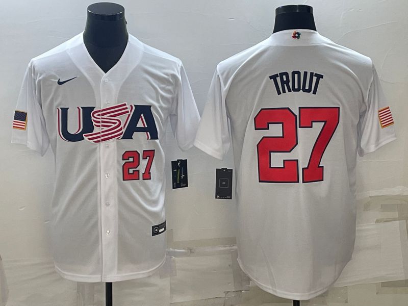 Men 2023 World Cub USA #27 Trout White Nike MLB Jersey4